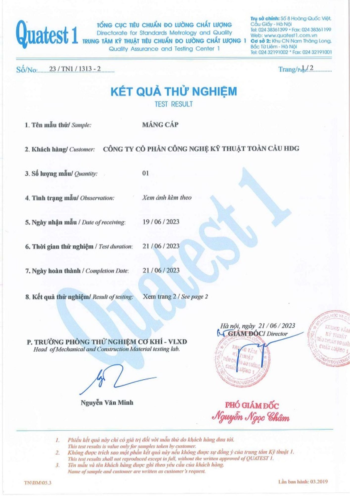 Kết quả test Máng cáp